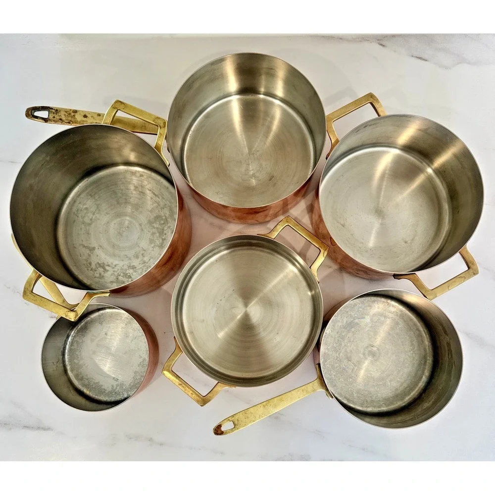 Copper Pans Paul Revere 11 Pc Cookware Set Brass Handles USA Vintage Signed